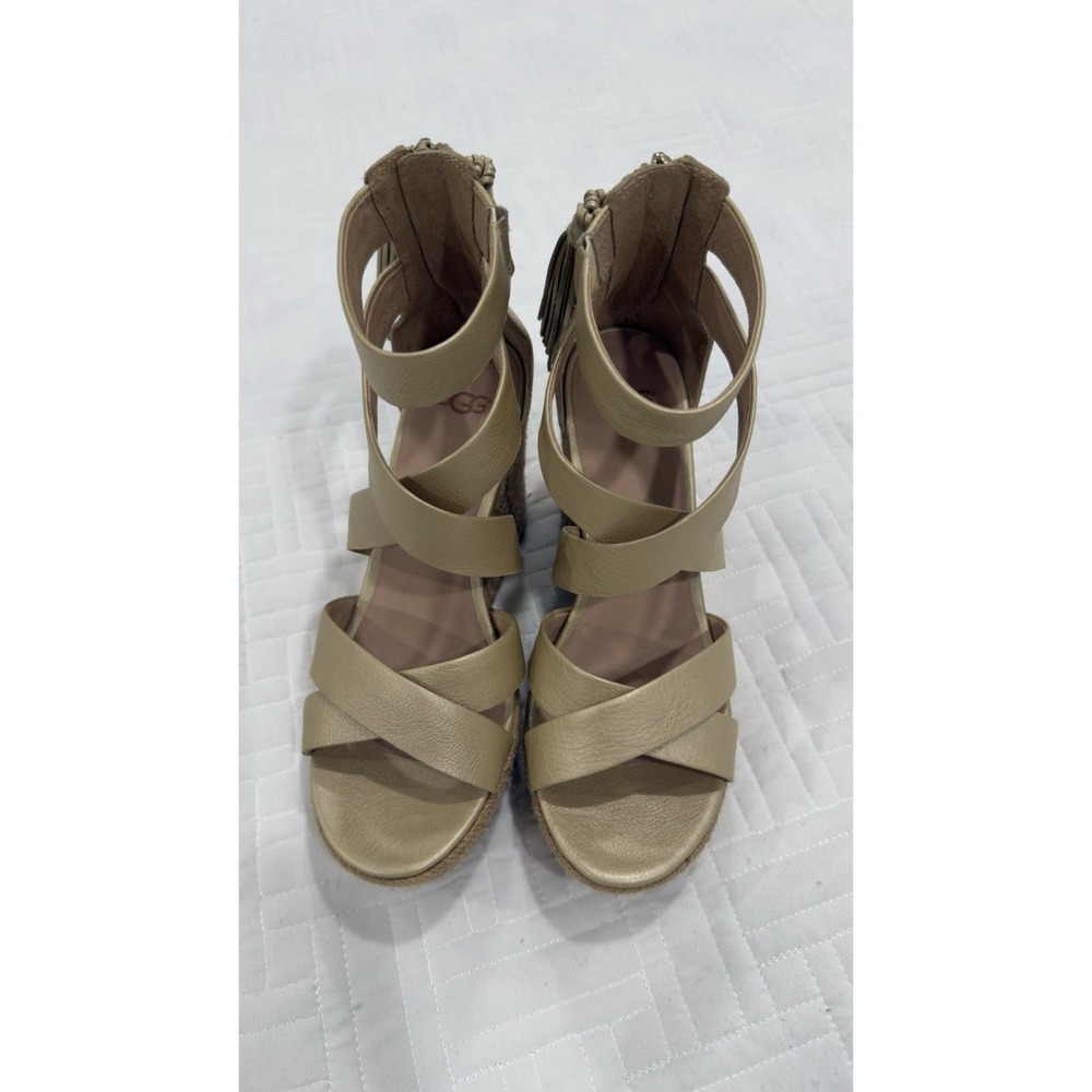 UGG Trina Metallic Gold Leather Tassel Espadrille Wedge Sandals 7.5 1092254 - Picture 4 of 8